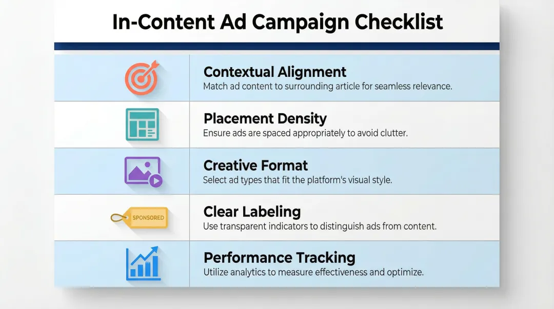 Five in-content ad campaign best practices checklist infographic for advertisers