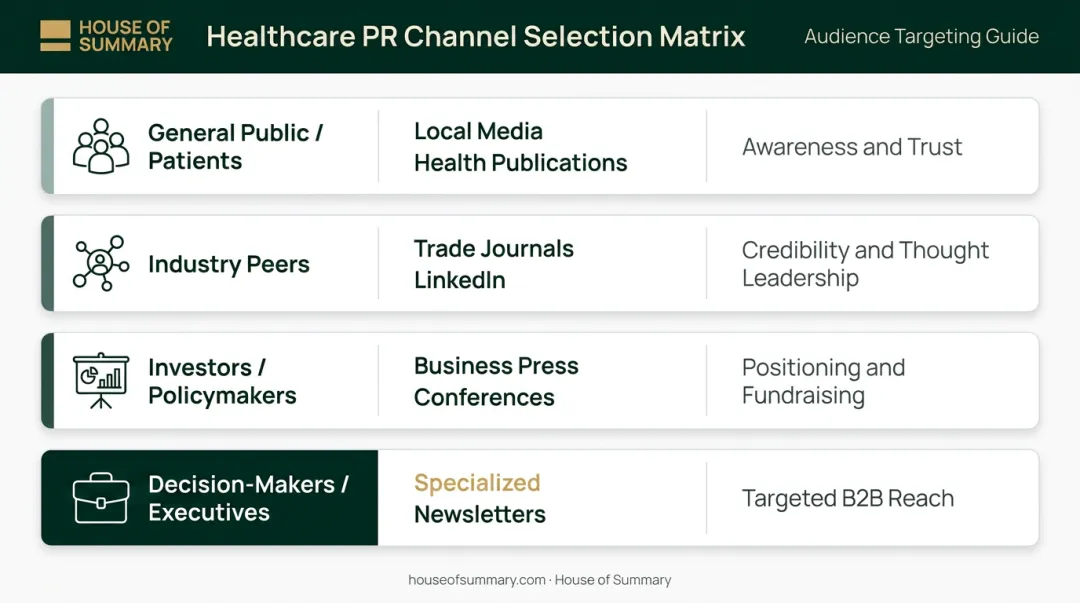 Healthcare PR channel selection matrix matching audience to tactic and purpose