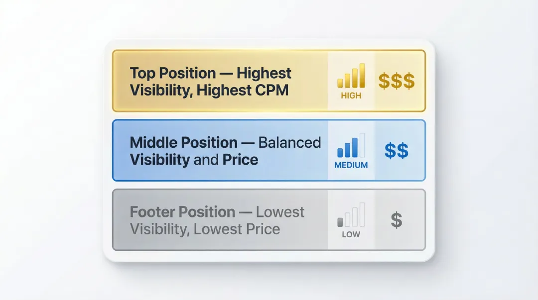 Newsletter ad placement positions top middle footer visibility and CPM tier comparison