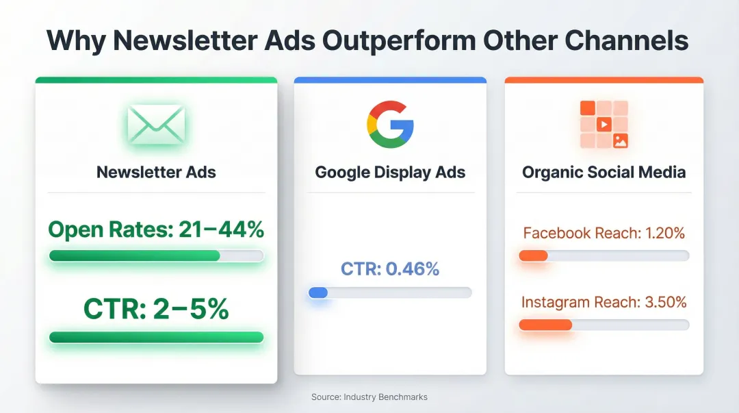 Newsletter versus social media versus display ads engagement rate comparison infographic