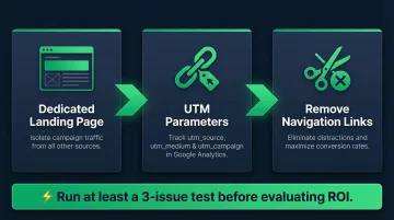 Three-step newsletter ad tracking setup process dedicated landing page UTM parameters and conversion optimization