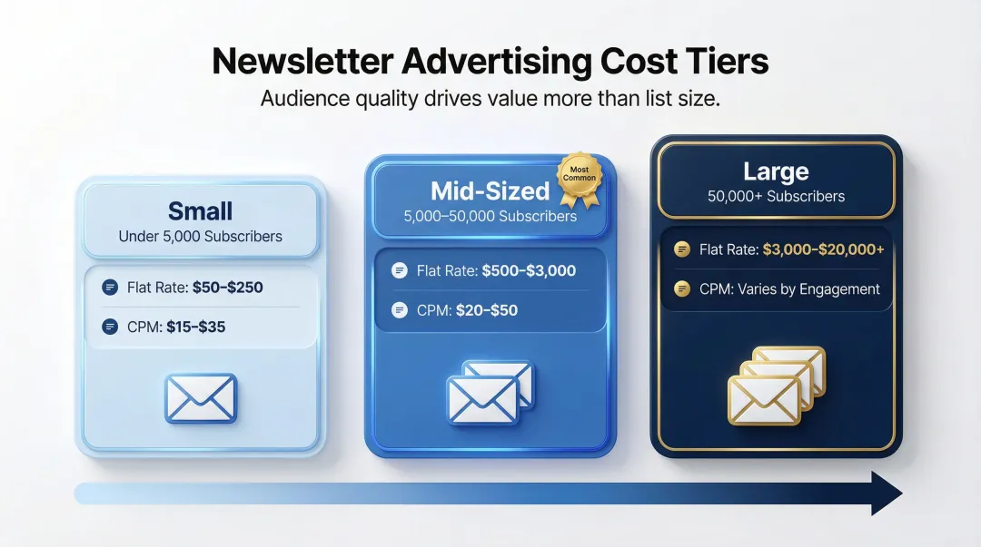 Newsletter advertising pricing tiers small mid-sized and large publication cost benchmarks