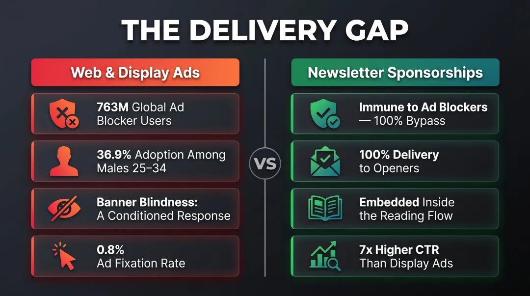 Ad blocker usage worldwide versus newsletter sponsorship inbox delivery advantage comparison