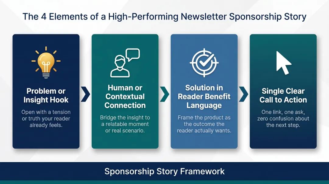 4-part B2B newsletter sponsorship narrative structure process flow infographic