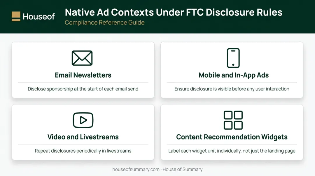 Four native advertising contexts requiring FTC disclosure compliance infographic