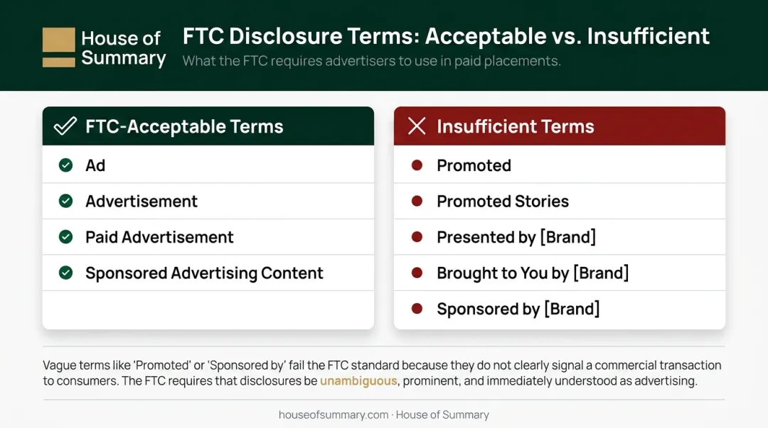 FTC acceptable versus insufficient native advertising disclosure terms comparison chart