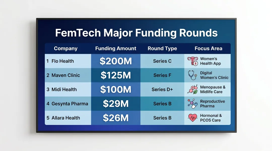 2024 to 2025 FemTech funding rounds top companies investment amounts and focus areas