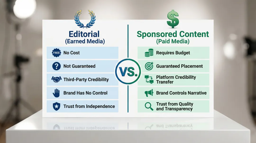 Editorial earned media versus sponsored paid media side-by-side comparison infographic