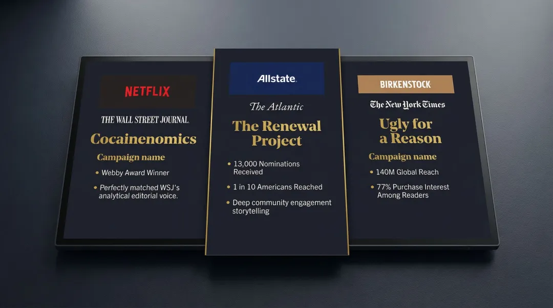 Three landmark sponsored content campaigns Netflix Allstate Birkenstock key results comparison