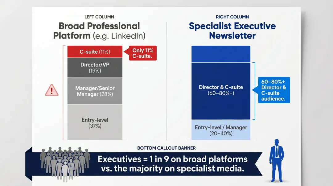 Professional audience versus executive audience seniority distribution side-by-side comparison infographic