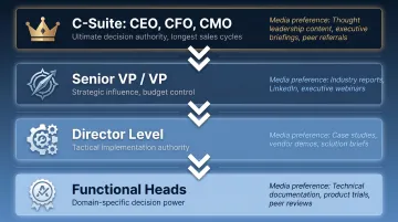 Four executive seniority tiers with decision authority and media preferences breakdown
