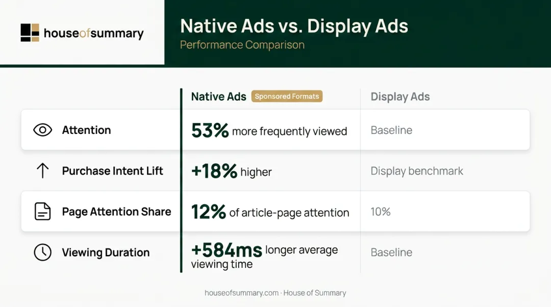 Native ads versus display ads attention and engagement statistics comparison infographic