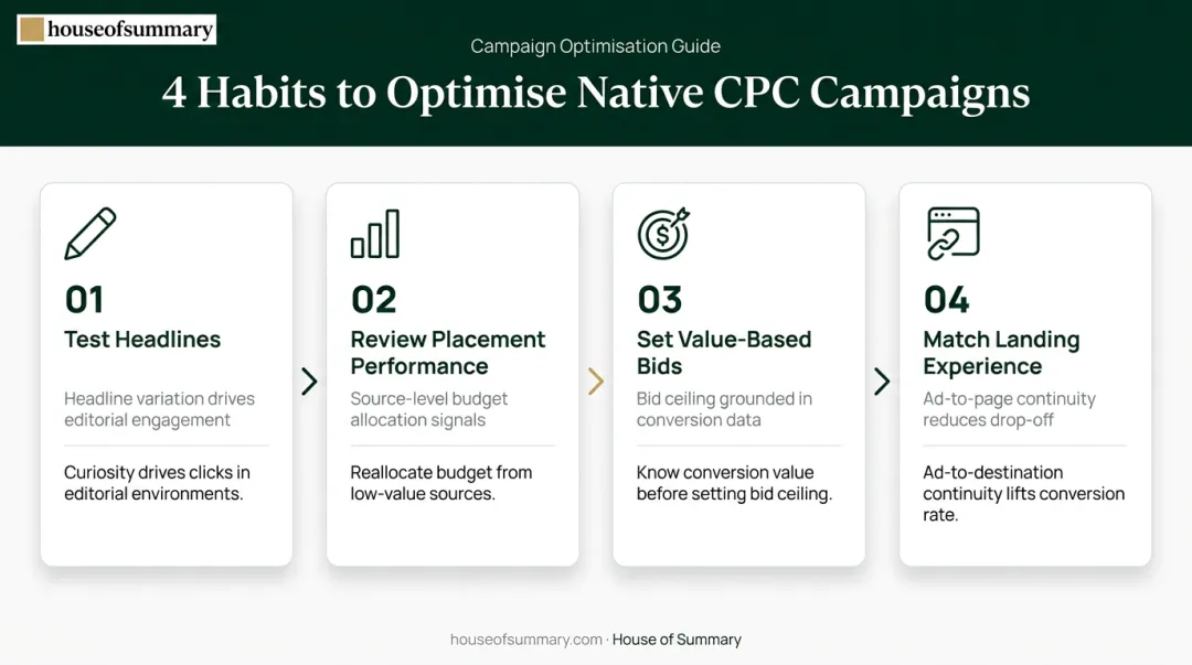 Four-step native CPC campaign optimization process flow for improving CPA