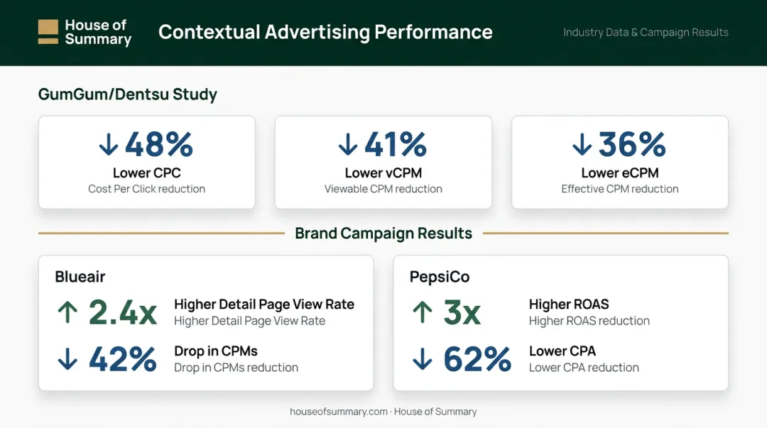 Contextual versus behavioral advertising performance metrics comparison showing cost and ROAS improvements