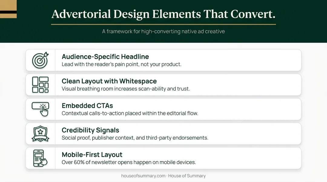 Five key design elements of high-converting advertorial landing pages across all formats