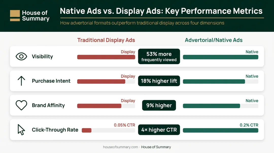 Advertorial versus display ad performance metrics comparison showing CTR and conversion lift