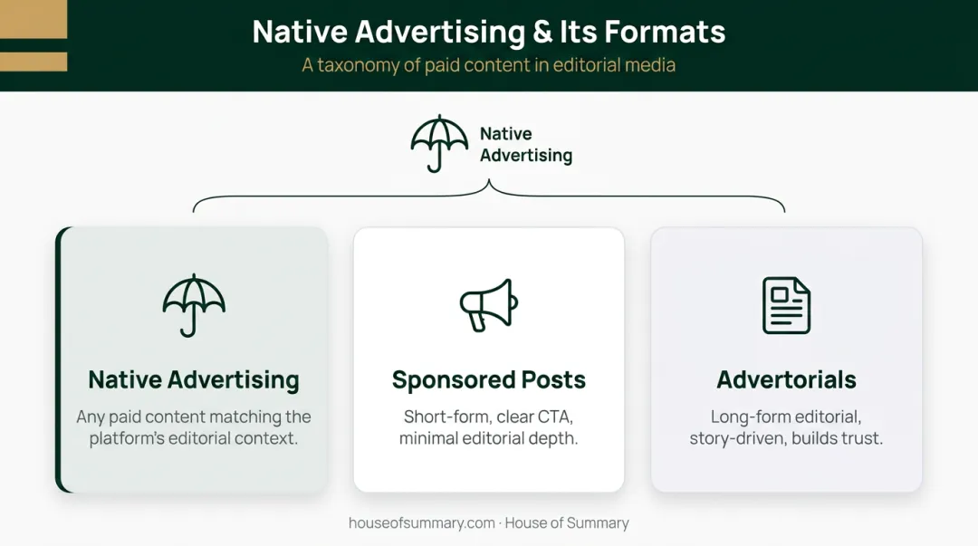 Three paid content formats native ads sponsored posts and advertorials compared