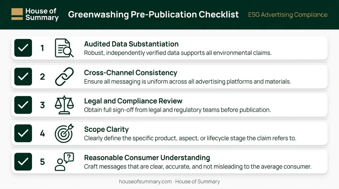 5-question ESG advertising greenwashing pre-publication compliance checklist infographic