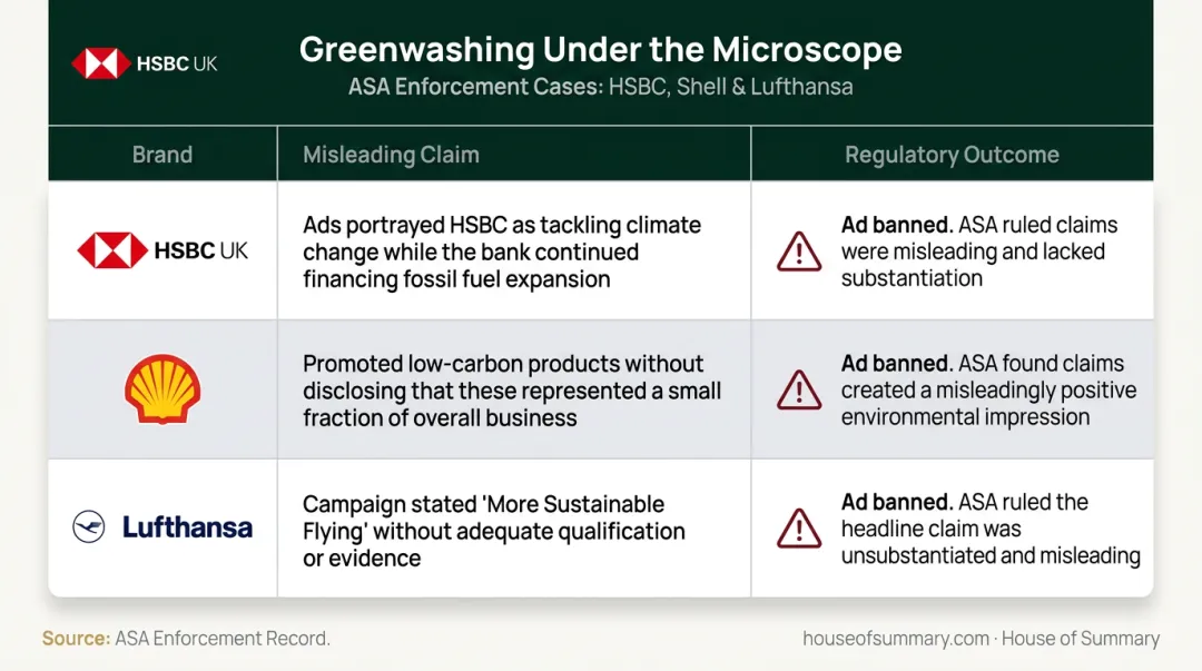 Three major greenwashing ad ban cases HSBC Shell Lufthansa comparison table
