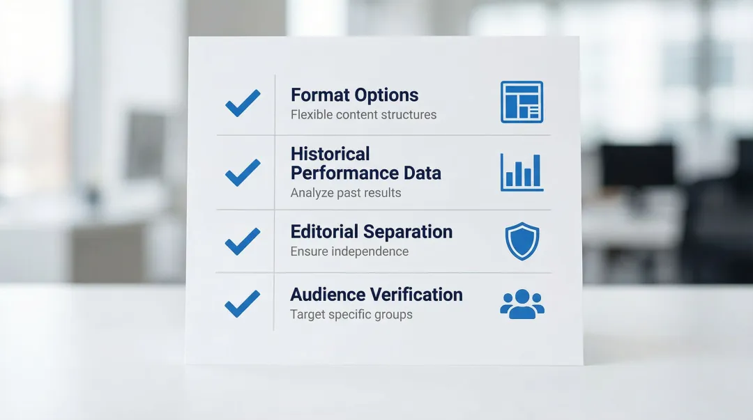 Four key criteria for evaluating newsletter advertising placements checklist infographic