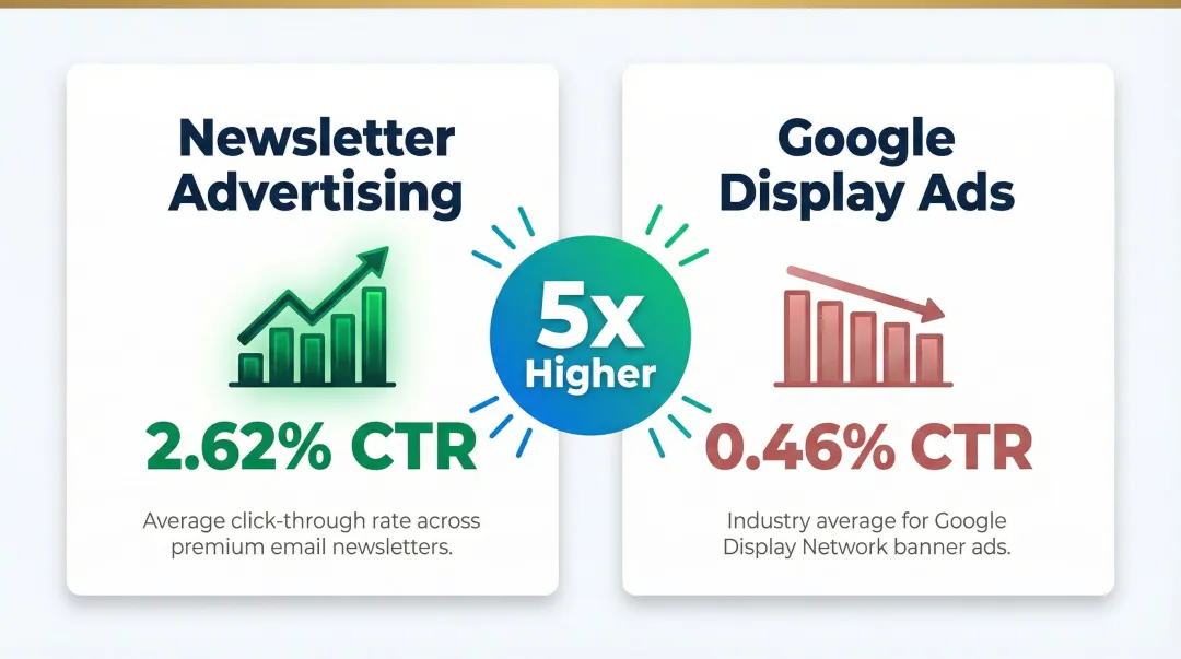 Newsletter advertising versus Google Display average CTR performance comparison infographic