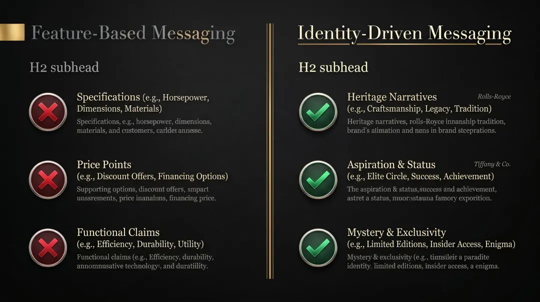 Luxury brand identity-driven advertising messaging framework versus feature-based approach comparison
