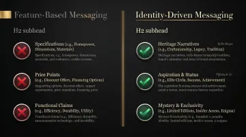 Luxury brand identity-driven advertising messaging framework versus feature-based approach comparison