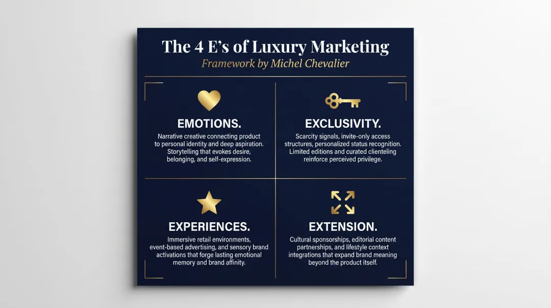 4 Es of luxury marketing framework Emotions Exclusivity Experiences Extension explained