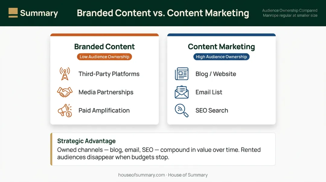 Branded content versus content marketing distribution channels and audience ownership comparison