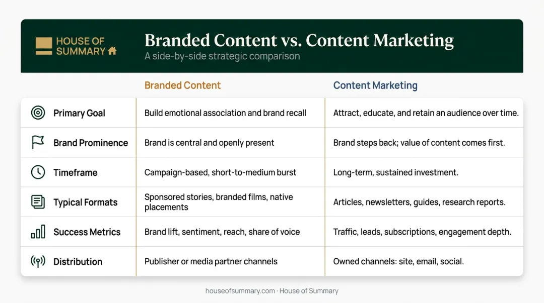 Branded content versus content marketing six-dimension side-by-side comparison infographic