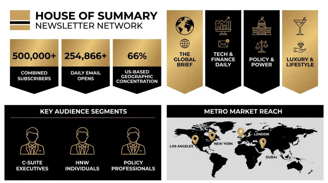 House of Summary newsletter network audience breakdown showing subscriber demographics and geographic reach