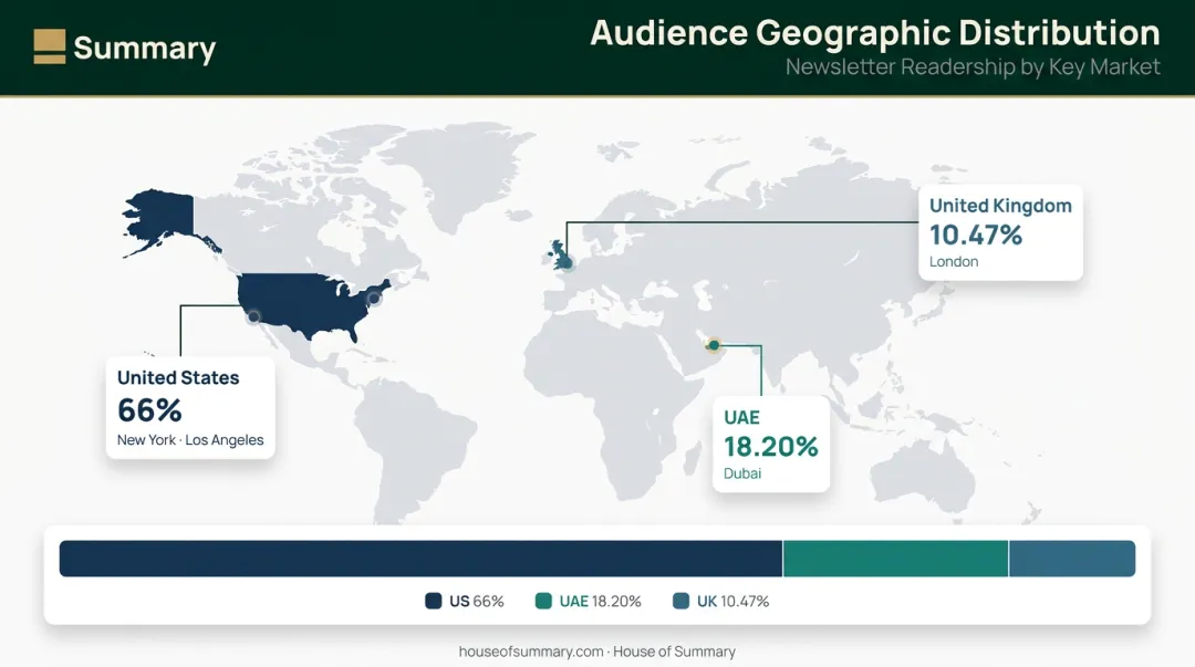Newsletter audience geographic distribution map showing US UAE and UK concentration