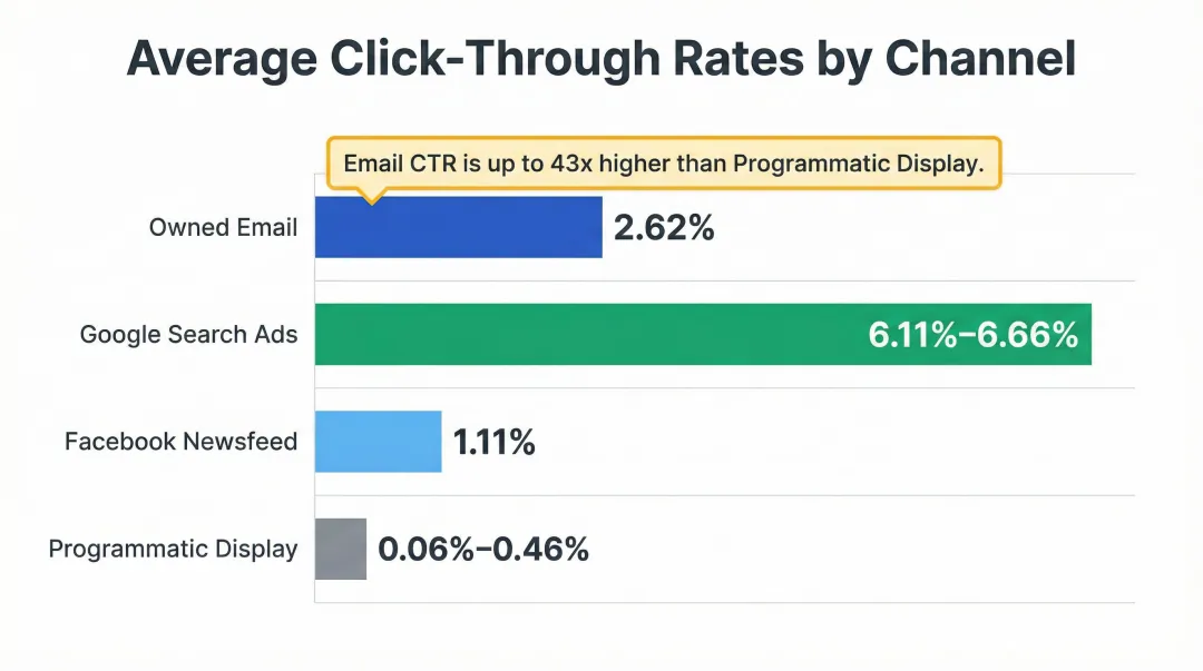 DTC channel click-through rate comparison bar chart across four advertising channels