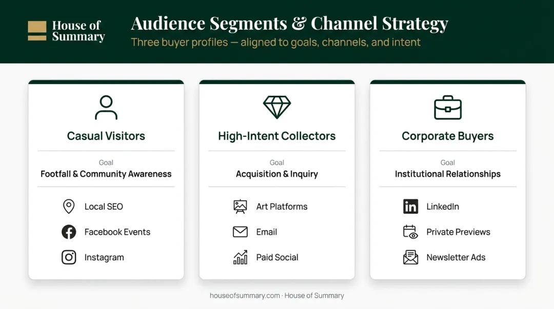 Art gallery audience segmentation chart comparing visitor types channels and goals