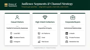 Art gallery audience segmentation chart comparing visitor types channels and goals