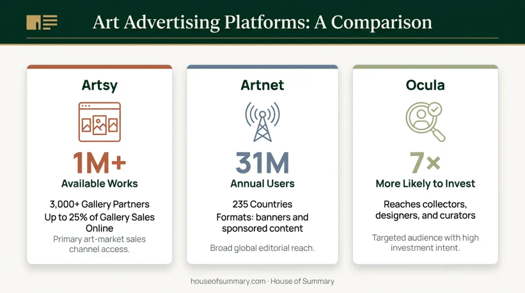 Artsy Artnet and Ocula art platform comparison showing audience reach and collector stats