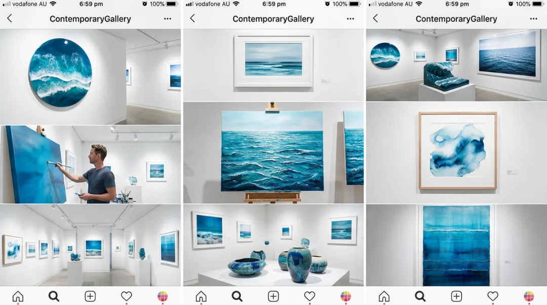 Art gallery Instagram feed displaying professional artwork photography and behind-the-scenes content
