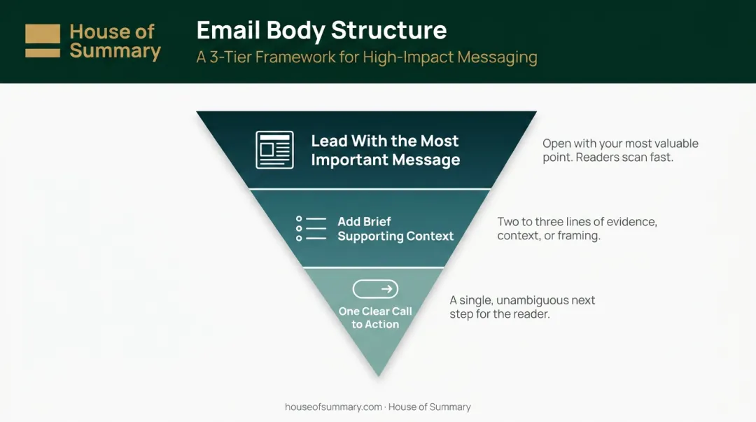 Inverted pyramid email body structure three-step writing framework diagram