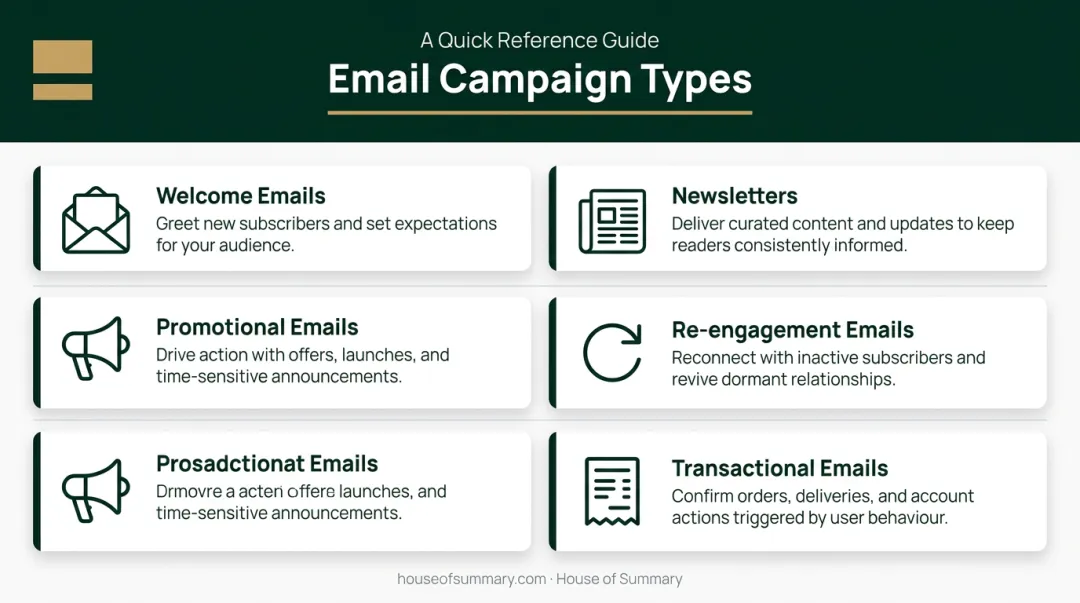 Five email marketing campaign types purposes and use cases comparison chart