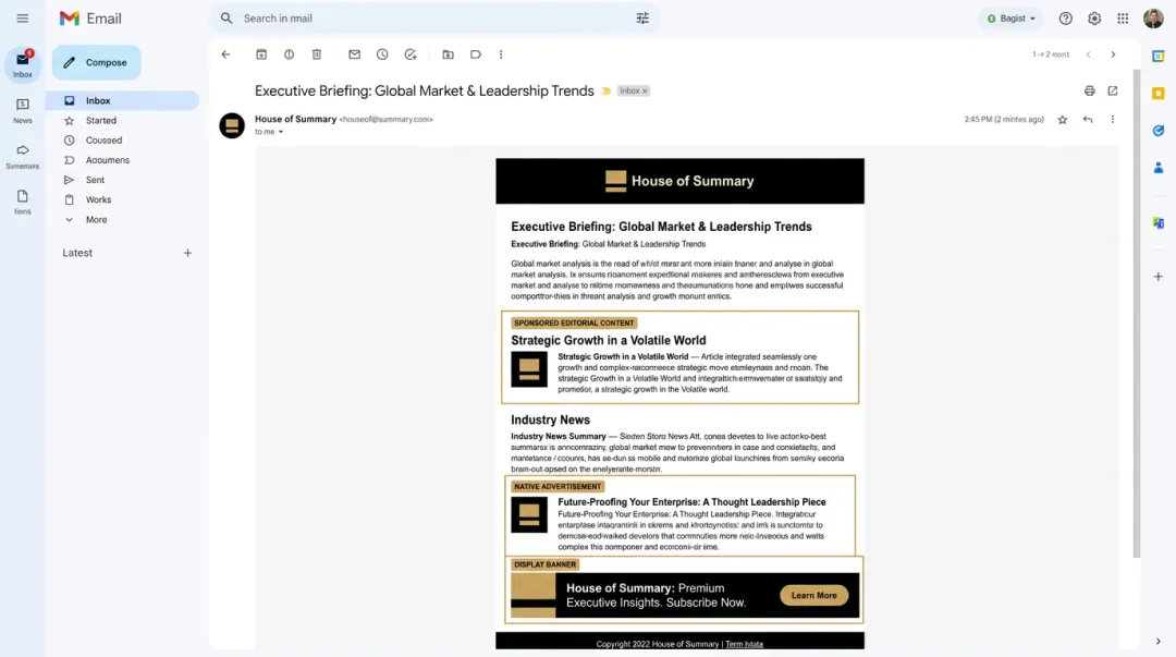 House of Summary newsletter sponsored content placement formats inside professional inbox