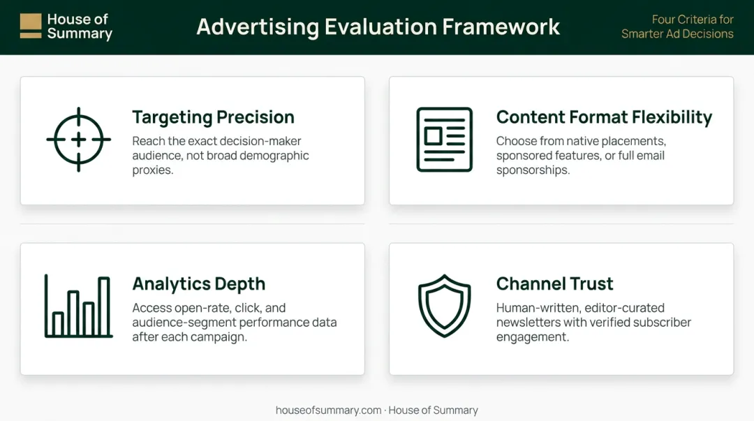 Four-criteria sponsored content tool evaluation framework targeting precision to channel trust