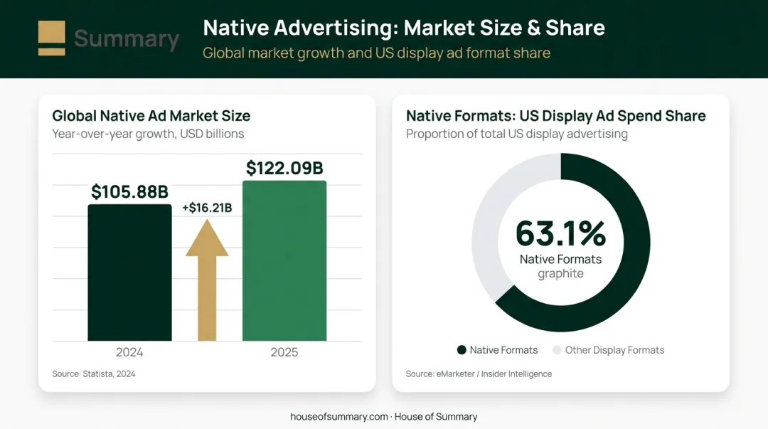 Native advertising market growth from 2024 to 2025 with display ad spend breakdown