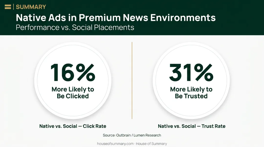 Native ads versus social ads click likelihood and trust rate statistics comparison infographic