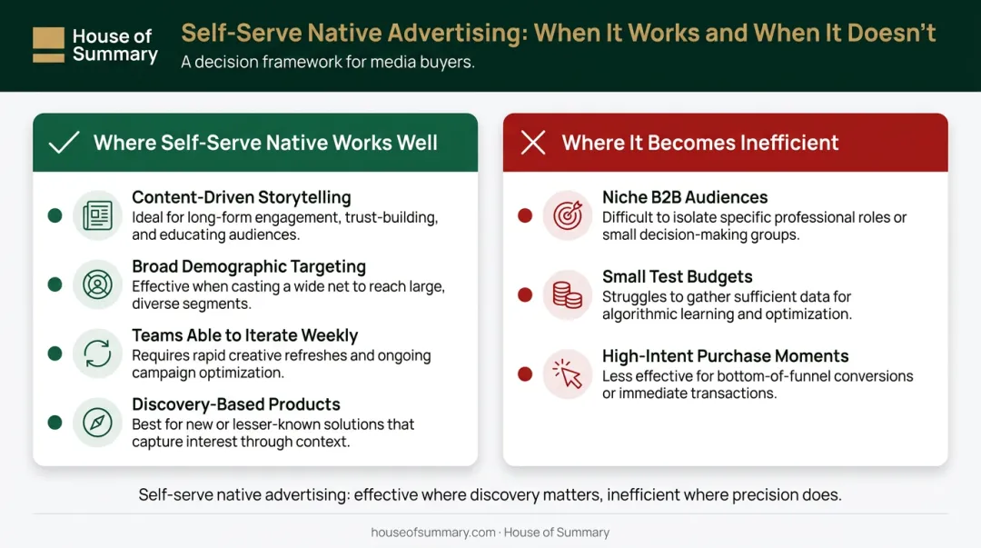 Self-serve native advertising best fit versus poor fit use case comparison chart