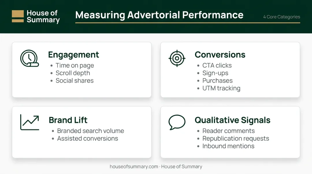 Four-category paid advertorial performance measurement framework infographic