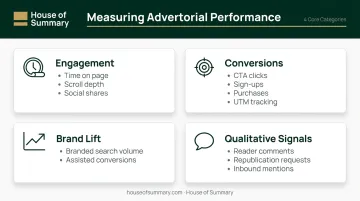 Four-category paid advertorial performance measurement framework infographic