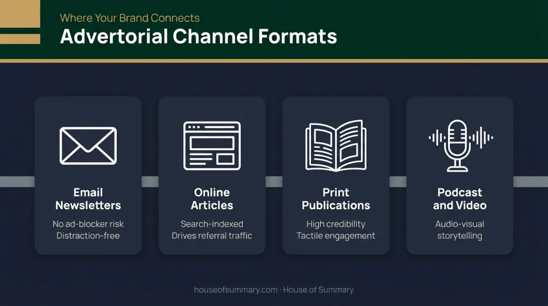 Four advertorial channel formats email newsletter online article print podcast comparison infographic
