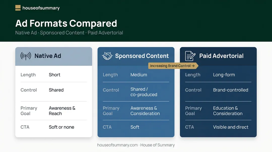 Native ad versus sponsored content versus paid advertorial comparison table infographic