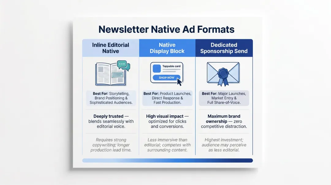 Three newsletter native ad formats comparison inline display and dedicated sponsorship