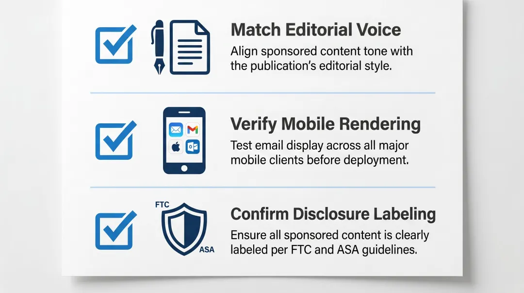 Three pre-placement newsletter native ad checklist steps for advertisers
